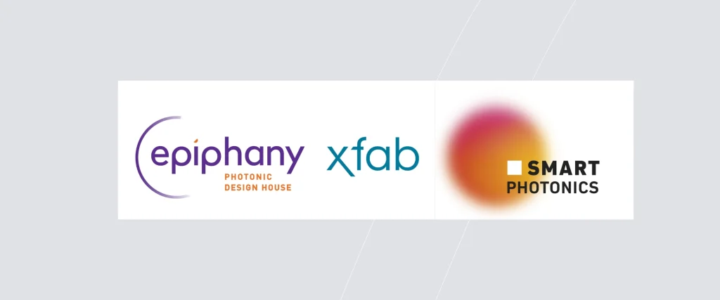 Logos of Epiphany Design, X-FAB, and SMART Photonics on a white background, representing their collaboration on an InP-on-Silicon design flow for next-generation optical transceivers, to be showcased at OFC.