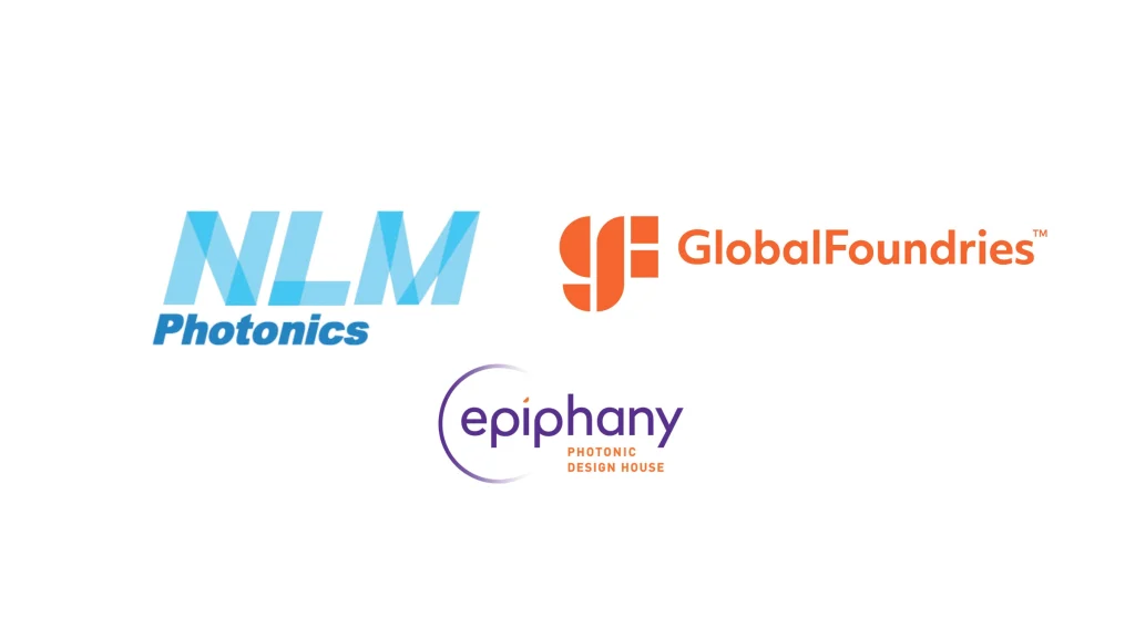 NLM Photonics, Global Foundries and Chilas logos on white background announcing collaboration